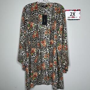 L&B 2X Leopard Print Kimono with Floral Rose Accents